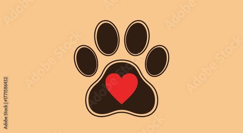 A paw print graphic with a red heart in the center, set on a beige background