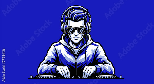 A stylized blue-toned graphic depicts a DJ with sunglasses, headphones, & hoodie at a mixer