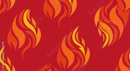 Repeating pattern featuring stylized flames in shades of orange and yellow on a red background