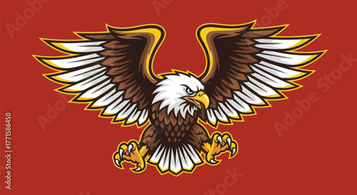 Stylized, detailed eagle illustration with outstretched wings, talons, and stern expression on red