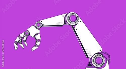 A white robotic arm with articulated joints and a gripper on a purple background