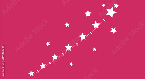 Pink background with white stars, some linked, forming lines. Scattered stars and a diagonal line