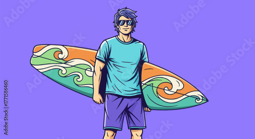 A man in sunglasses stands with a surfboard against a purple backdrop. Waves on board