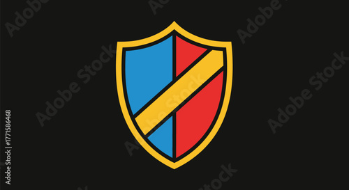 A colorful, stylized shield, divided into blue, red sections with a gold stripe over a black background