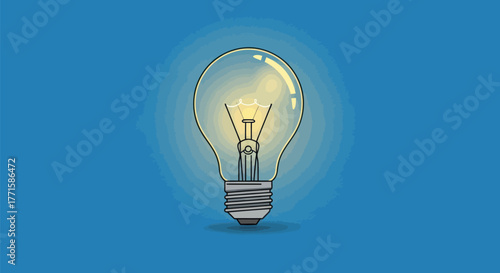 A cartoon illustration of a glowing lightbulb on a blue background, with a hazy ring effect