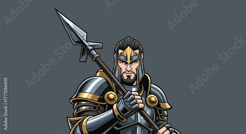 A medieval knight in polished armor, holds a spear, set against a gray background