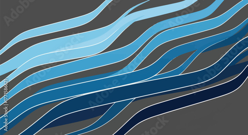 An abstract, graphic image with blue curved lines of varying shades on a gray background