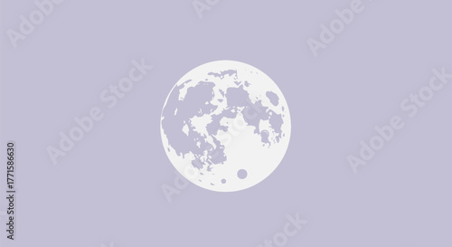 A full moon illustration, with craters and a small circle below, on a lavender background