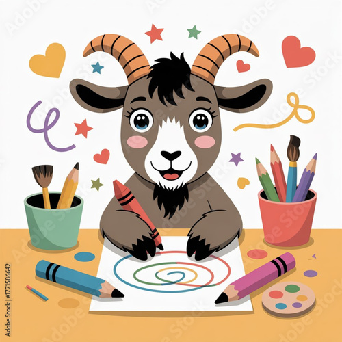 Cute Whimsical Goat Drawing pictures Vector Illustration 