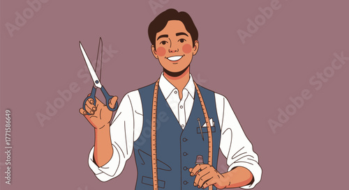 A smiling tailor holds scissors, measuring tape around neck. Thimble on the finger. Cartoon style