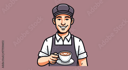 A barista holds a coffee cup with a heart design in the foam, smiling warmly