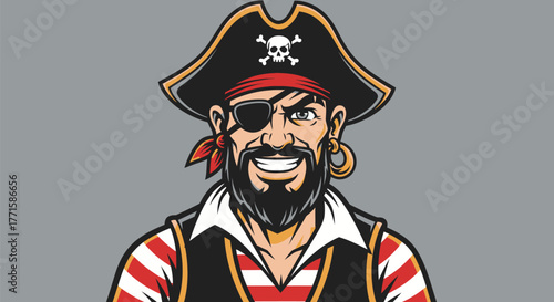 A cheerful pirate with a hat, eye patch, red scarf, and a jolly expression