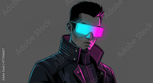 A portrait of a person with futuristic glasses, wearing a jacket with glowing accents