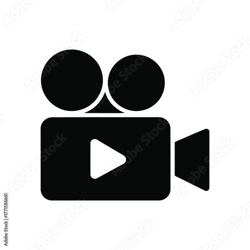 Black and white icon of vintage film camera on white background