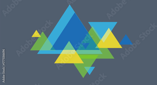 Overlapping translucent triangles in blue, green, and yellow, on a dark gray background