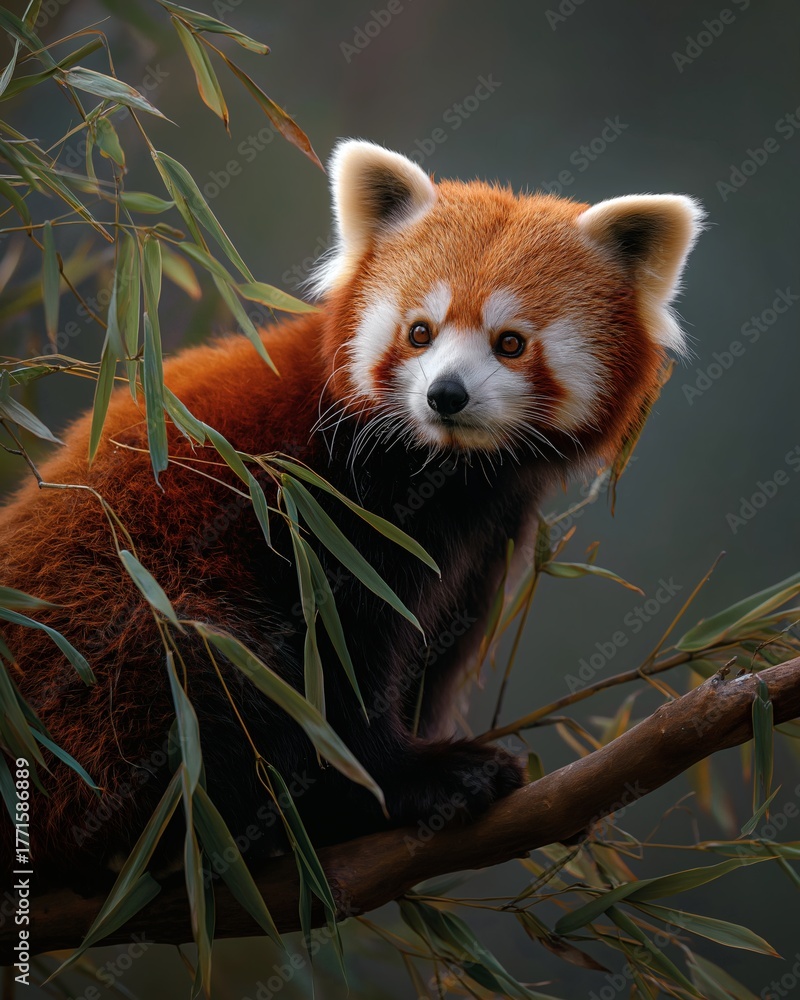 Obraz premium A red panda perched gracefully on a branch amidst lush green leaves.