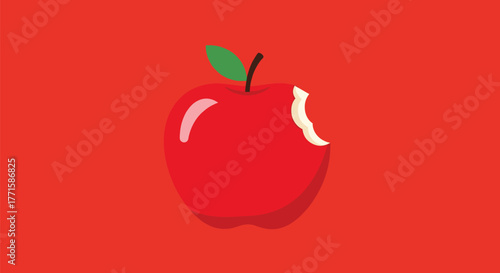 A simple graphic of a red apple with a bite taken out, on a red background