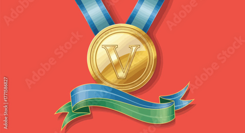 A golden medal with a "V" is displayed over a blue and green ribbon on a red backdrop