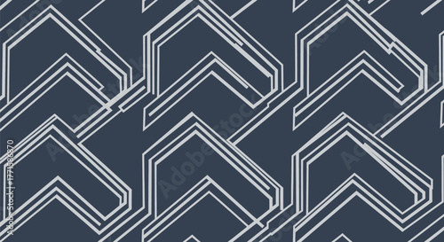 Repeating geometric pattern with angular shapes in light grey on a dark blue background