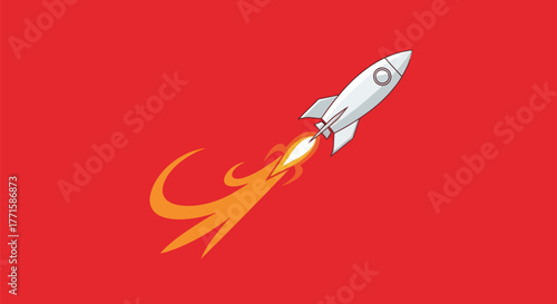 A stylized white rocket with orange flame trails ascending on a solid red background