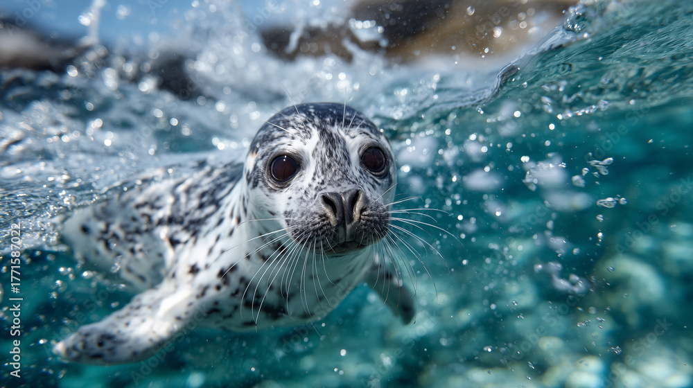 Obraz premium Side view of a harbor seal pup swimming near the surface, turquoise water reflecting sky and sunlight, playful motion captured in vivid detail