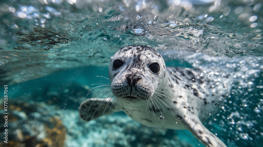 Obraz premium Underwater close-up of seal pup paddling with flippers, bubbles rising, and sunlight filtering through the vivid turquoise ocean