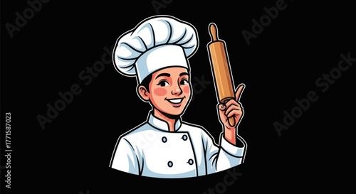 Smiling chef in white uniform and hat, holding a rolling pin against a black background