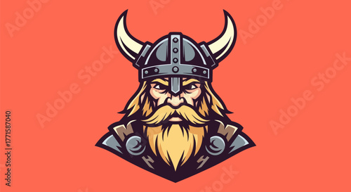 A stylized illustration of a Viking warrior with a helmet and large horns on a red background