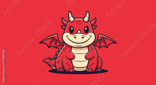 A friendly, cartoon-style red dragon smiles widely, centered on a red background