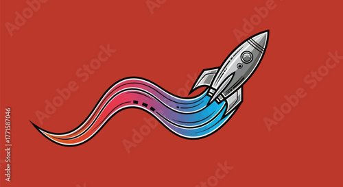 A silver rocket ship blasting off with a colorful trail against a red backdrop