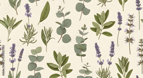 Hand-Drawn Botanical Pattern with Herbal Leaves and Lavender Sprigs