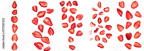 Dried strawberry slices falling, dehydrating red fruit, healthy dieting snack, food ingredient on transparent background