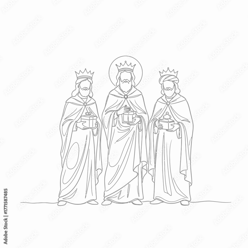Obraz premium Three kings outline illustration depicting regal figures wearing crowns and cloaks, each holding a gift. These regal kings symbolize celebration and gratitude in holiday festivities,