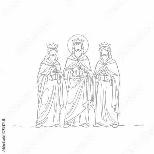 Three kings outline illustration depicting regal figures wearing crowns and cloaks, each holding a gift. These regal kings symbolize celebration and gratitude in holiday festivities,