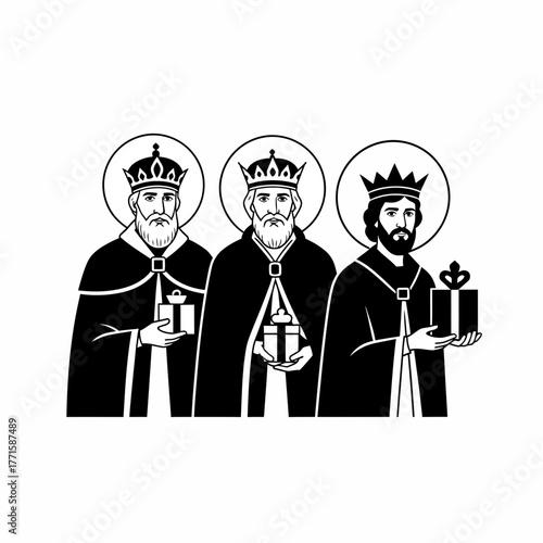 Three kings holding gifts in religious illustration. Three wise men wearing crowns and robes present gifts symbolizing celebration. Concept three kings for religious events or epiphany themes.