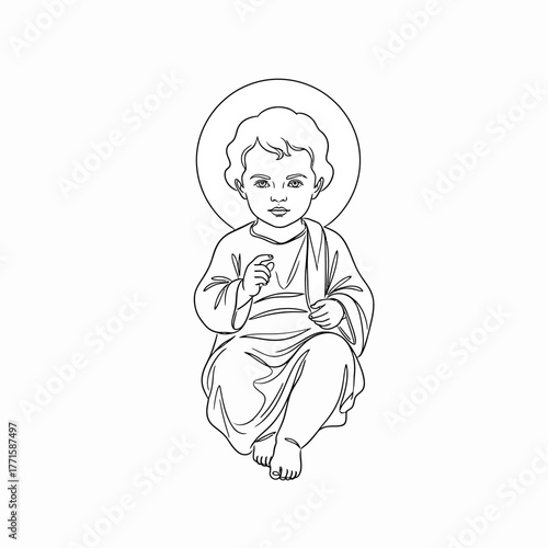 Illustration of a joyful infant with a halo, sitting with hand raised. This depiction of a happy child symbolizes innocence and purity, ideal for religious themes or holiday celebrations.