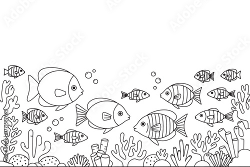 Black and white illustration of various fish swimming among coral reefs isolated on white background, perfect for coloring pages or educational materials
