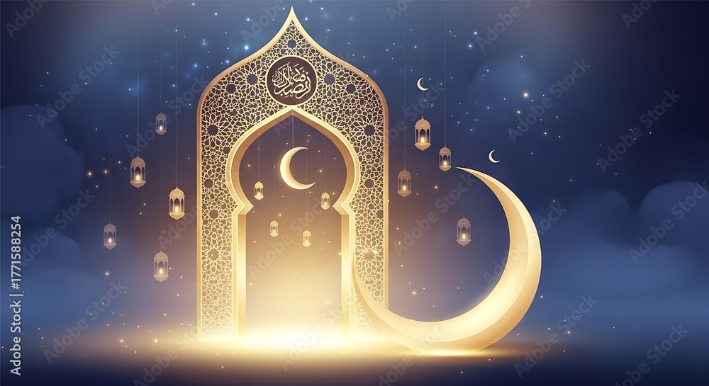 Fototapeta premium A glowing crescent moon and ornate Islamic archway illuminated by a bright light, set against a starry night sky with hanging lanterns.