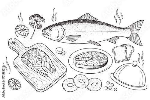 Detailed illustration of a salmon dish isolated on white background, featuring fresh fish, lemon, dill, bread, and culinary presentation for gourmet dining