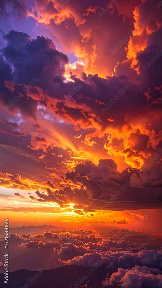 Fototapeta premium Aerial View of a Spectacular Burning Sunset Sky Above the Clouds.