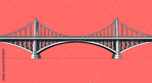 Pixelated illustration of a suspension bridge with red background