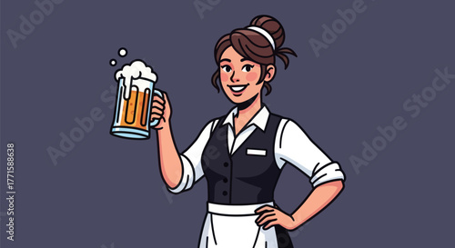 Cartoon server holding a beer, smiling, in a uniform. Background is a solid, dark color