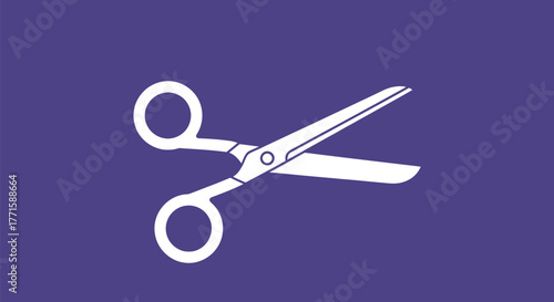 White outline of a pair of scissors on a purple background, angled to the right
