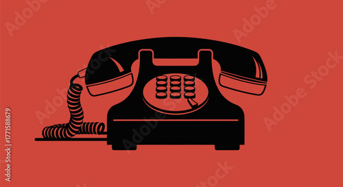 A black landline phone silhouette on a red background, with a handset and coiled cord