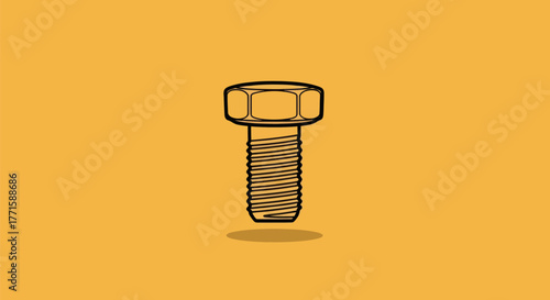 Illustration of a bolt with a hex head and threaded shaft. The background is a mustard yellow color