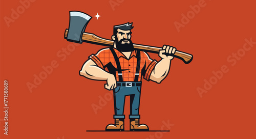 A strong, bearded man in a plaid shirt and suspenders holds an axe over his shoulder