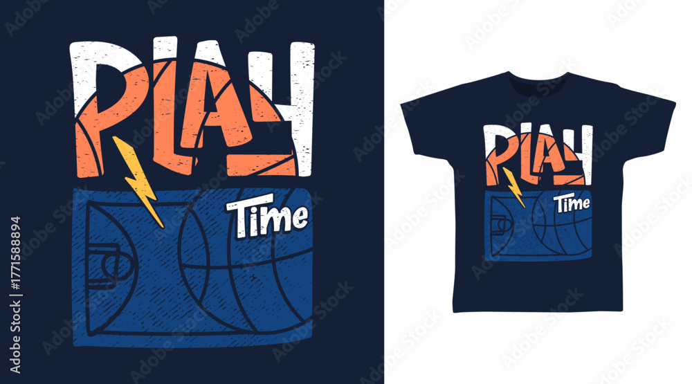 Naklejka premium Play time typography with basketball, hand drawn vector ready for print on t-shirt and other uses.