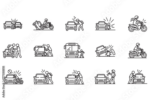 A collection of accident icons depicting car crashes, motorcycle collisions, and altercations, isolated on white background vector line art illustration