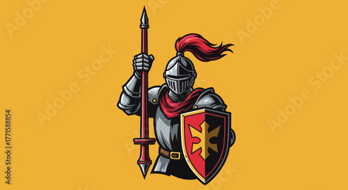 A medieval knight in full armor, holding a spear and shield with a crest, on a yellow background