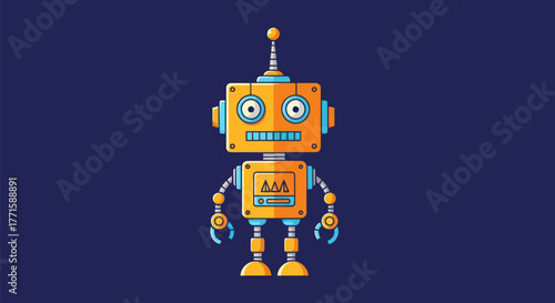 An orange and blue robot character with a boxy head and body, on a dark blue background